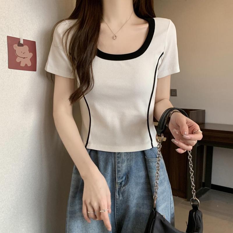Summer New Square Neck Fashion Short Sleeve T-shirt Women Contrast Color Printing Casual Pullovers Pure Cotton All-match Tops
