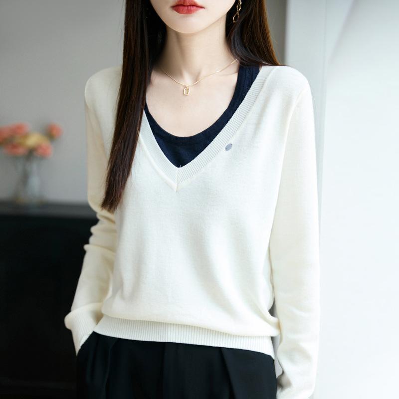 Women S V Neck Long Sleeve Knitted Fake Two Piece Sweater
