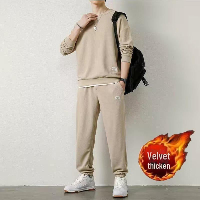 Men's Trendy Autumn/Winter Casual Sports Suit - Waffle Long-Sleeve Top and Versatile Pants Set