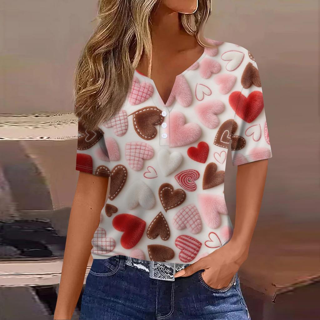 Women's Fashion Casual V,Neck Short,Sleeve T,Shirt With Decorative Buttons And Valentine's Day Print Top