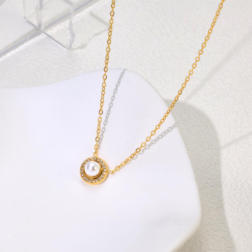 Korean Gentle Pearl Full Diamond Necklace Super Flash Titanium Steel Necklace Women Do Not Fade Summer Versatile Gift