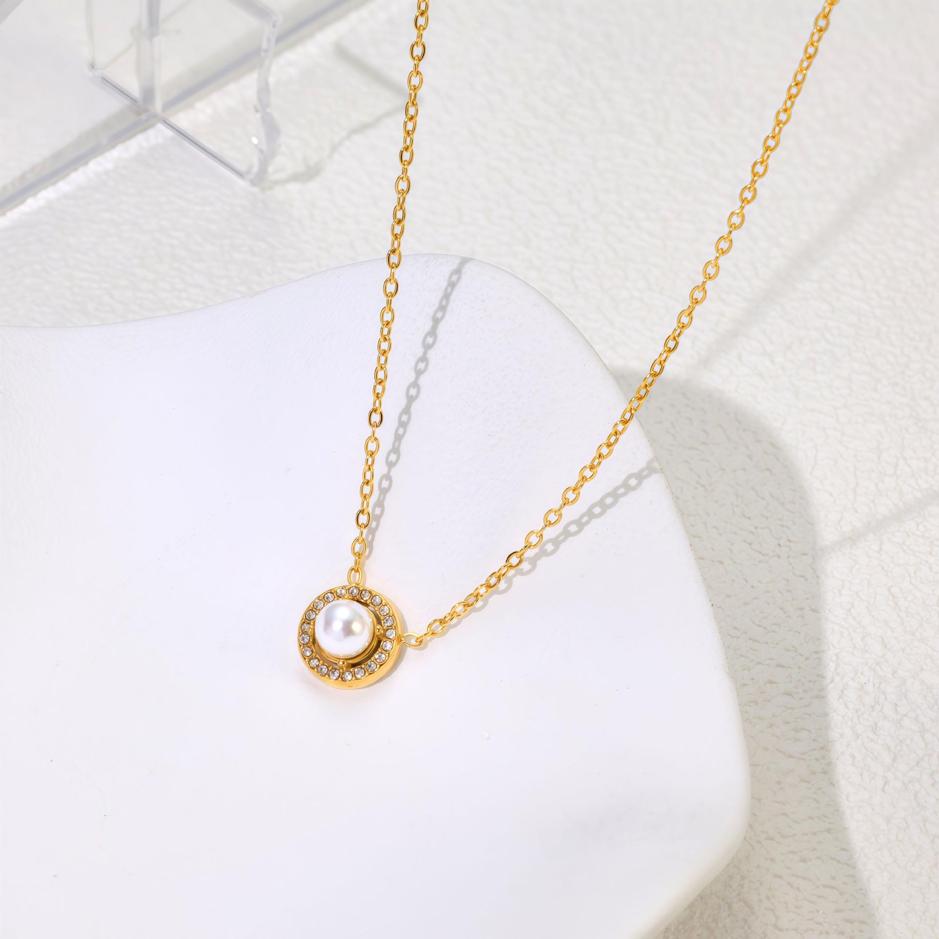

Korean Gentle Pearl Full Diamond Necklace Super Flash Titanium Steel Necklace Women Do Not Fade Summer Versatile Gift