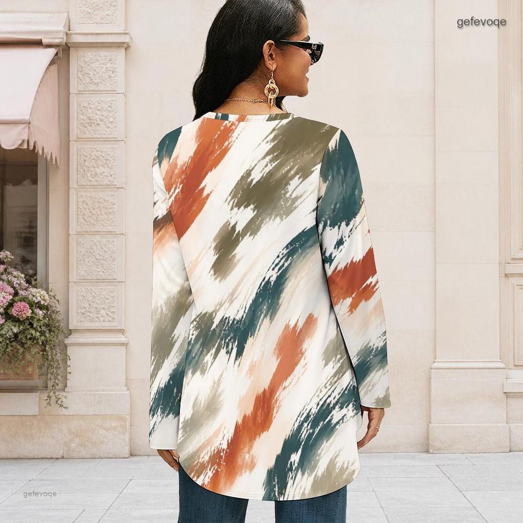 Ladies Plus Size Tie Dye Striped Long Sleeve T Shirt Round Neck Loose Irregular Hem Casual Tunic Top For Daily Wear