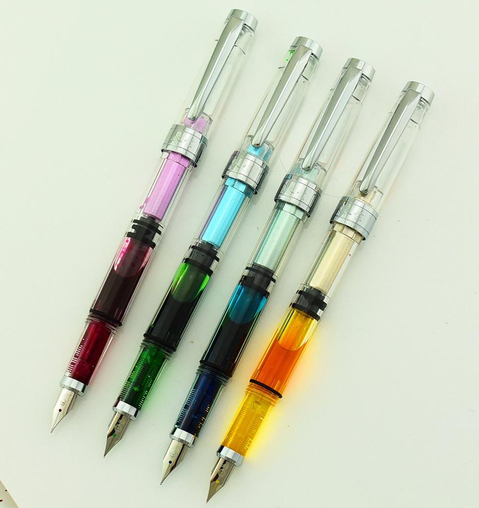 Yongsheng 3008 Fountain Pen, Extra Fine Nib, EF, Transparent Barrel, Silver Trim, Screw-On (Set of 4)