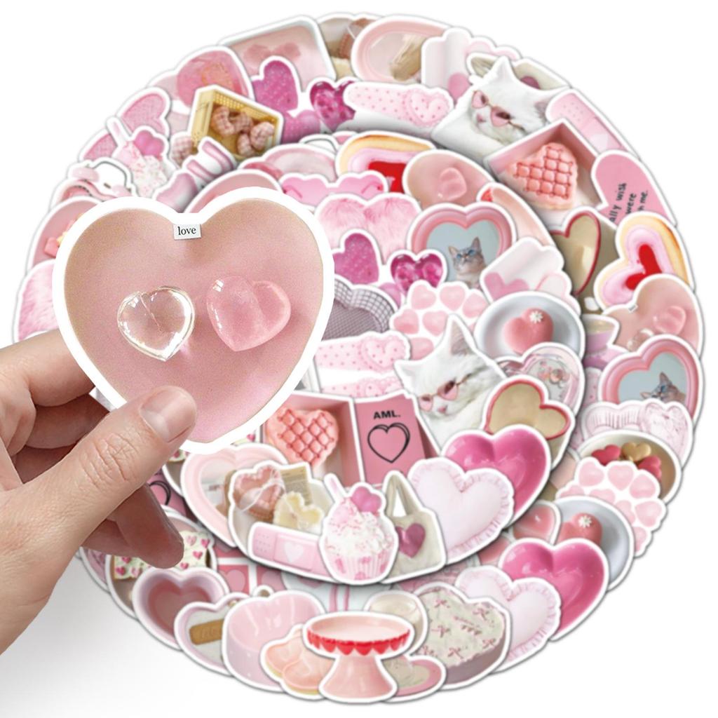 Heart-Shaped Pink Nordic Stickers - 50 pcs Waterproof DIY Decorative for Phone Cases