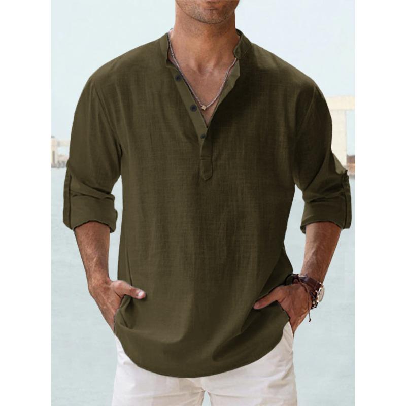 Men's Pure Cotton Stand-up Collar Long-sleeved T-shirt Loose Undershirt Solid Color Long-sleeved Cotton Shirt Men's