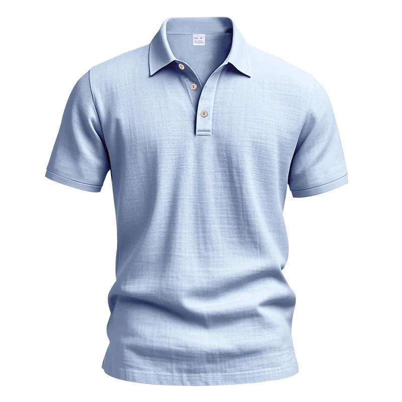 

Summer British Style Men s Short Sleeve Polo Shirt Linen Loose Fit Turn-Down Collar Youth Popular Light Casual Polos 2XL світло-синій колір