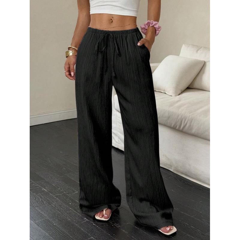 Women Summer Casual Solid Textured Waist Tie Wide Leg Pants S чёрный