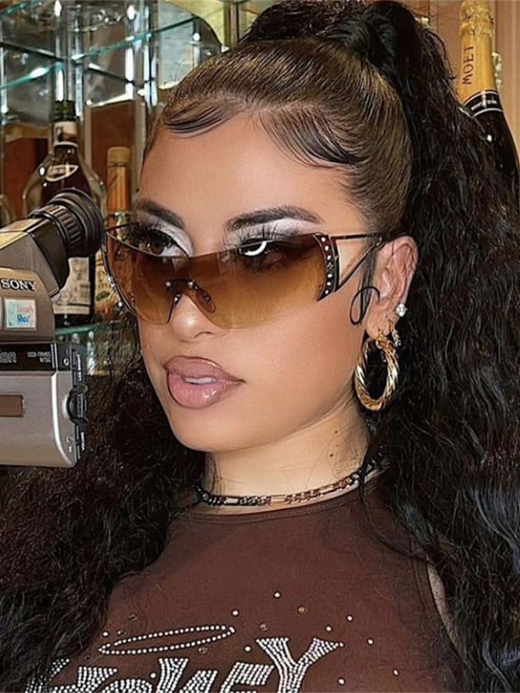 Cyberpunk Y2K Sunglasses Women Fashion Rimless One Piece Sun Glasses Men Vintage Shades 2000S Accessories 90S Gradient Glasses