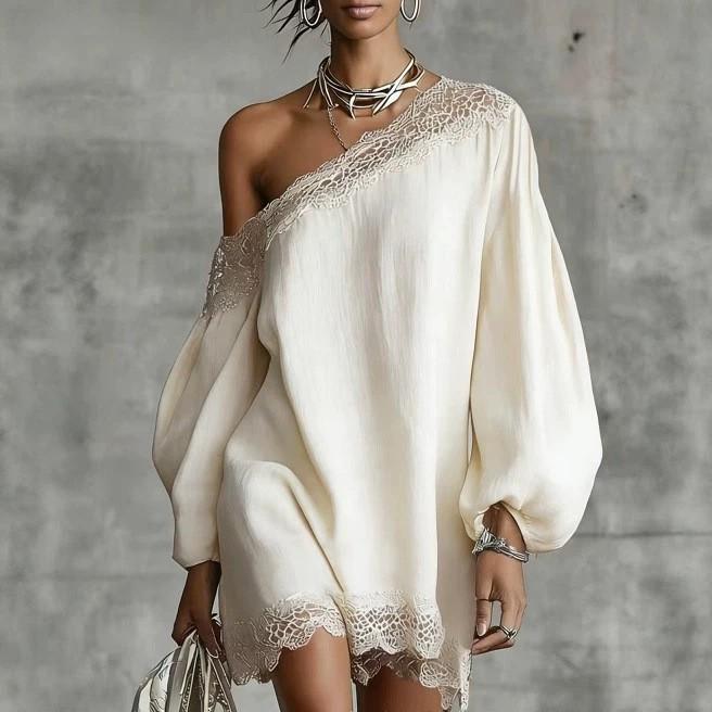 Elegant Lace Trim Mini Dress for Women Off Shoulder Long Puff Sleeves Fashion Date Night Evening Short Dresses Vestidos