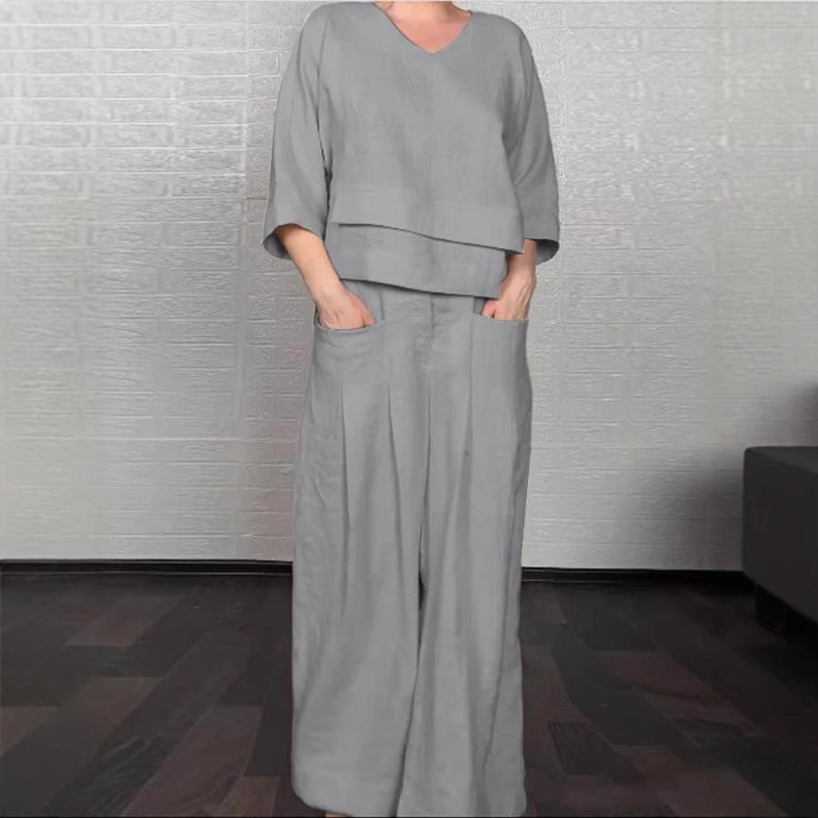 Women's Loose Fit V-Neck Layered Top with Wide Leg Pants Set In White, Grey, Black, Navy, Beige