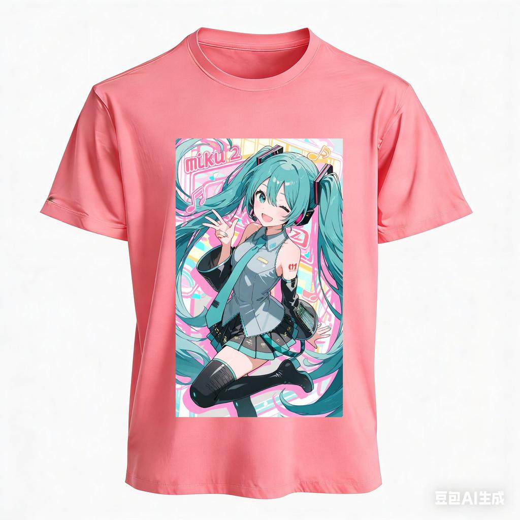 Summer New Animation Surrounding Pink Green Neon Hatsune Miku Sweet Cool Loose Breathable Cotton Tshirts For Unisex And Unisex