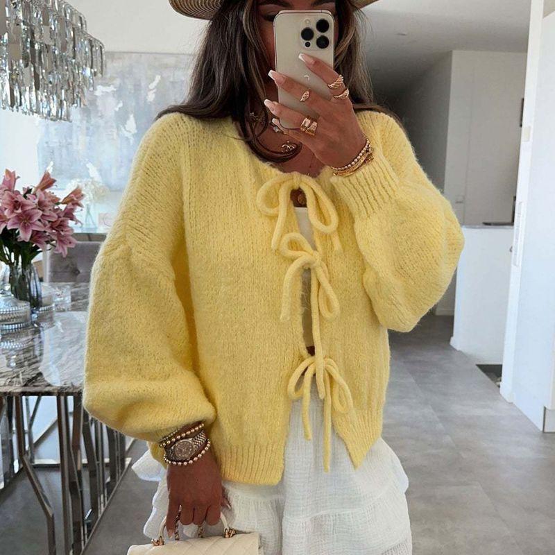 Simple Sweater2025 European and American Autumn and Winter New Women round Neck Lace-up Knit cardigan Simple Sweater Outerwear