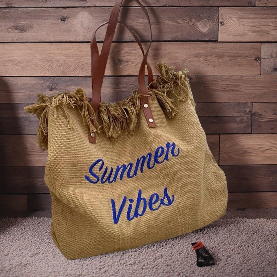 Korean Canvas Embroidered Tote: Versatile Women's Woven Beach Handbag with Tassel