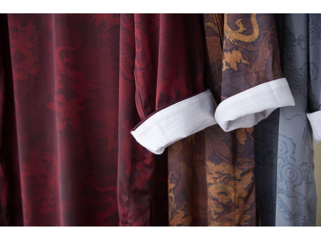 Chinese Silk Satin Dragon Print Long Shirt with Pan Kou Buttons - Purple Performance Robe