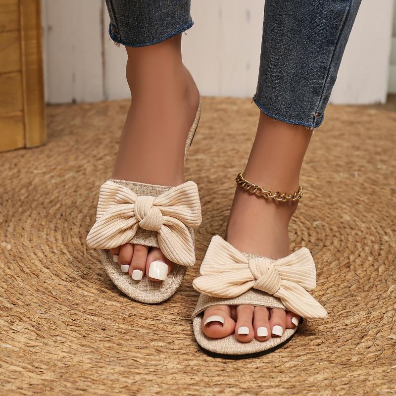 Summer New Bow One-word Solid Color Round Head Fashion Women's Large-size Bottom Slippers