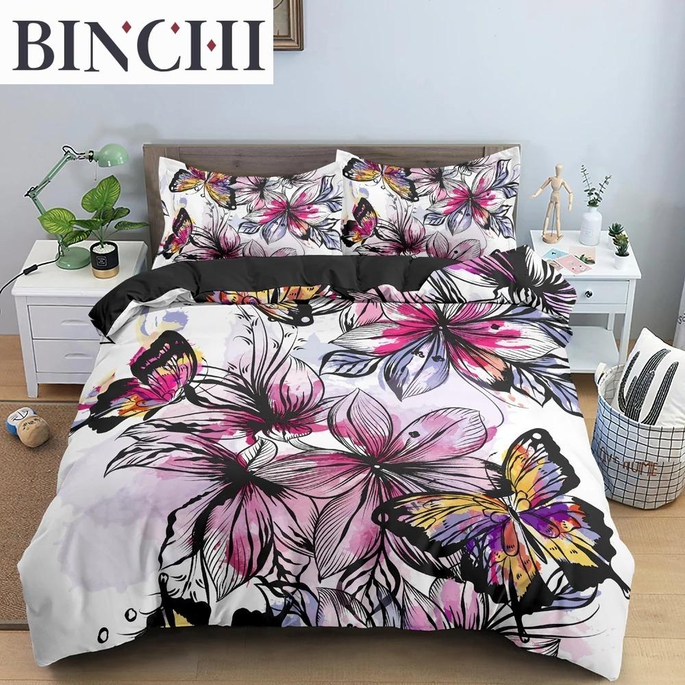 Butterfly Duvet Cover King Queen Size Animal Floral Bedding Set for Teens Adults Beautiful Flower 23pcs Polyester Quilt Cover