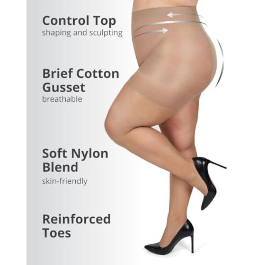 Plus Size Curvy Control Top Pantyhose For Women, Comfortable Silky Sheer Pantyhose, Lightweight Womens Stockings