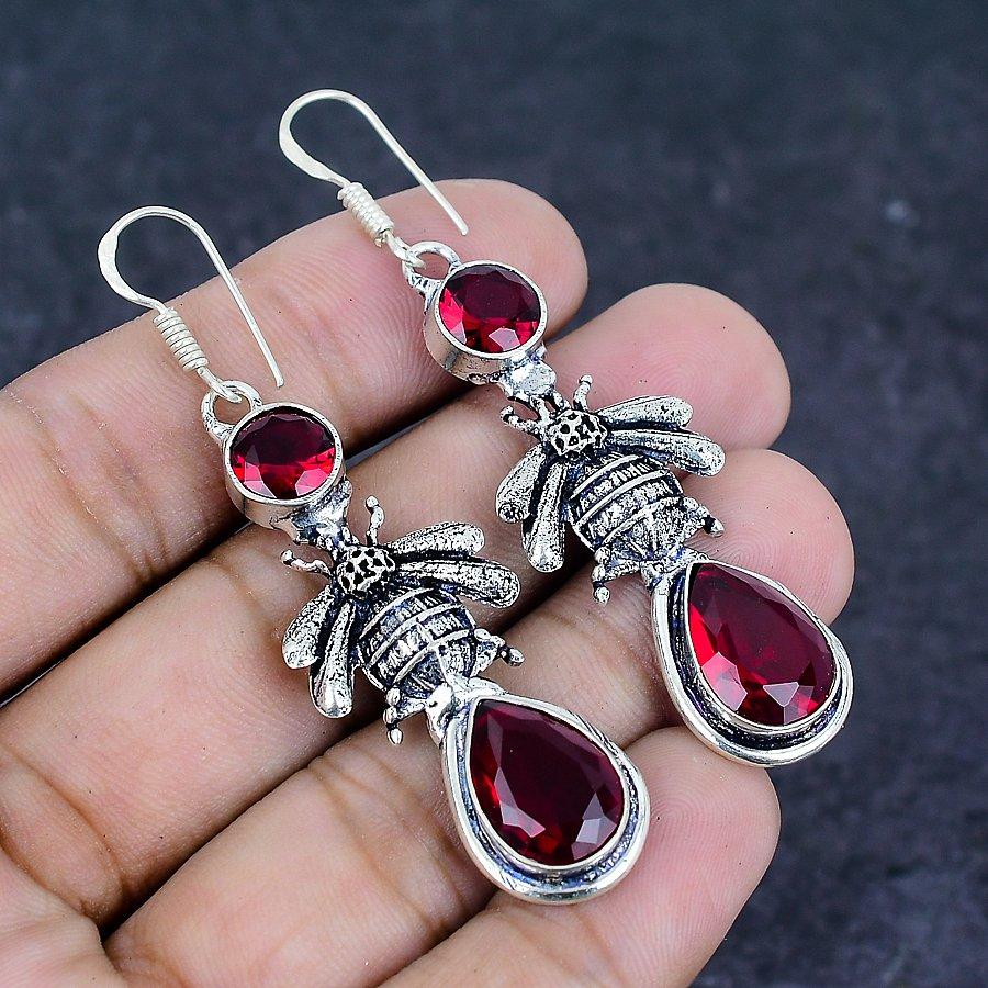 Natuurlijke Granaat Edelsteen Handgemaakt 925 Sterling Zilver Oorbel 2.56" J7i92