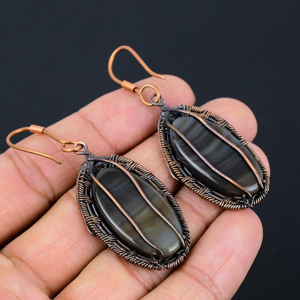 Agate rubanée noire Fait main Fil de cuivre enveloppé Bijou Boucle d'oreille 2.56 D5B60