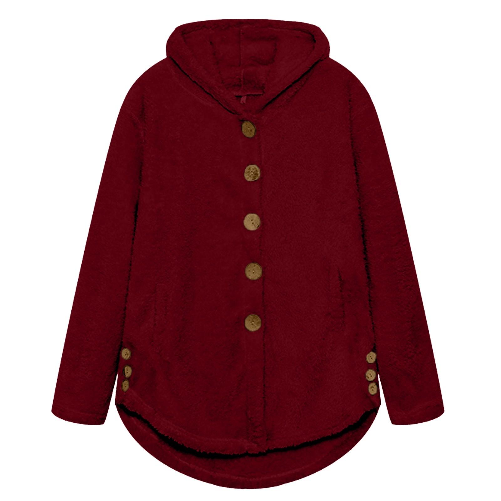 

Женская свободная повседневная однотонная плюшевая куртка с капюшоном и длинными рукавами на пуговицах, модная куртка M винный