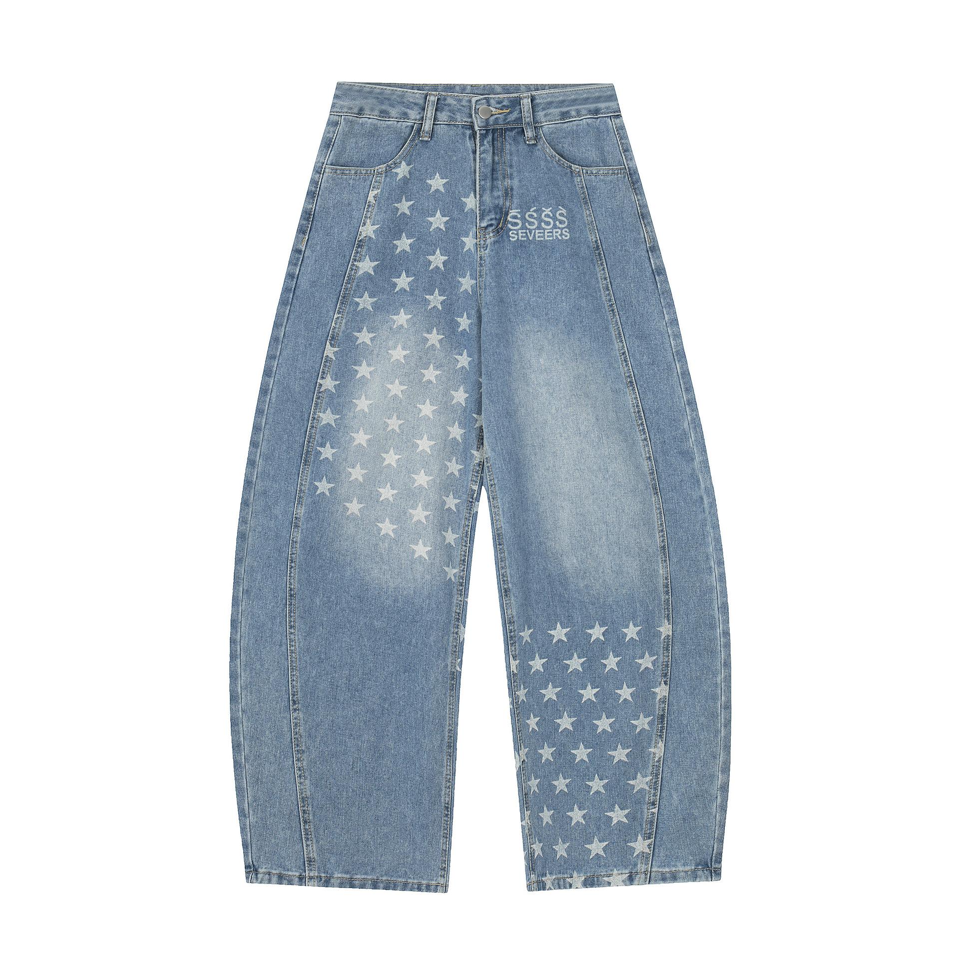 Trendy brand new American scimitar pants retro loose jeans star personality fashionable wide-leg pants S синий