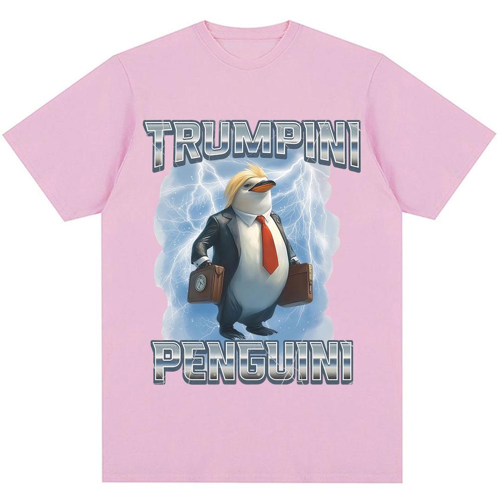 Funny Trumpini Penguini Meme Print T Shirt Italian Brainrot Humor Trendy Short Sleeve Men Women Loose Cotton T-Shirts Streetwear