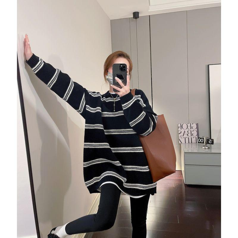 Dámský kávově pruhovaný pletený svetr - Podzim/Zima 2024 Volný střih Středně dlouhý pulovr