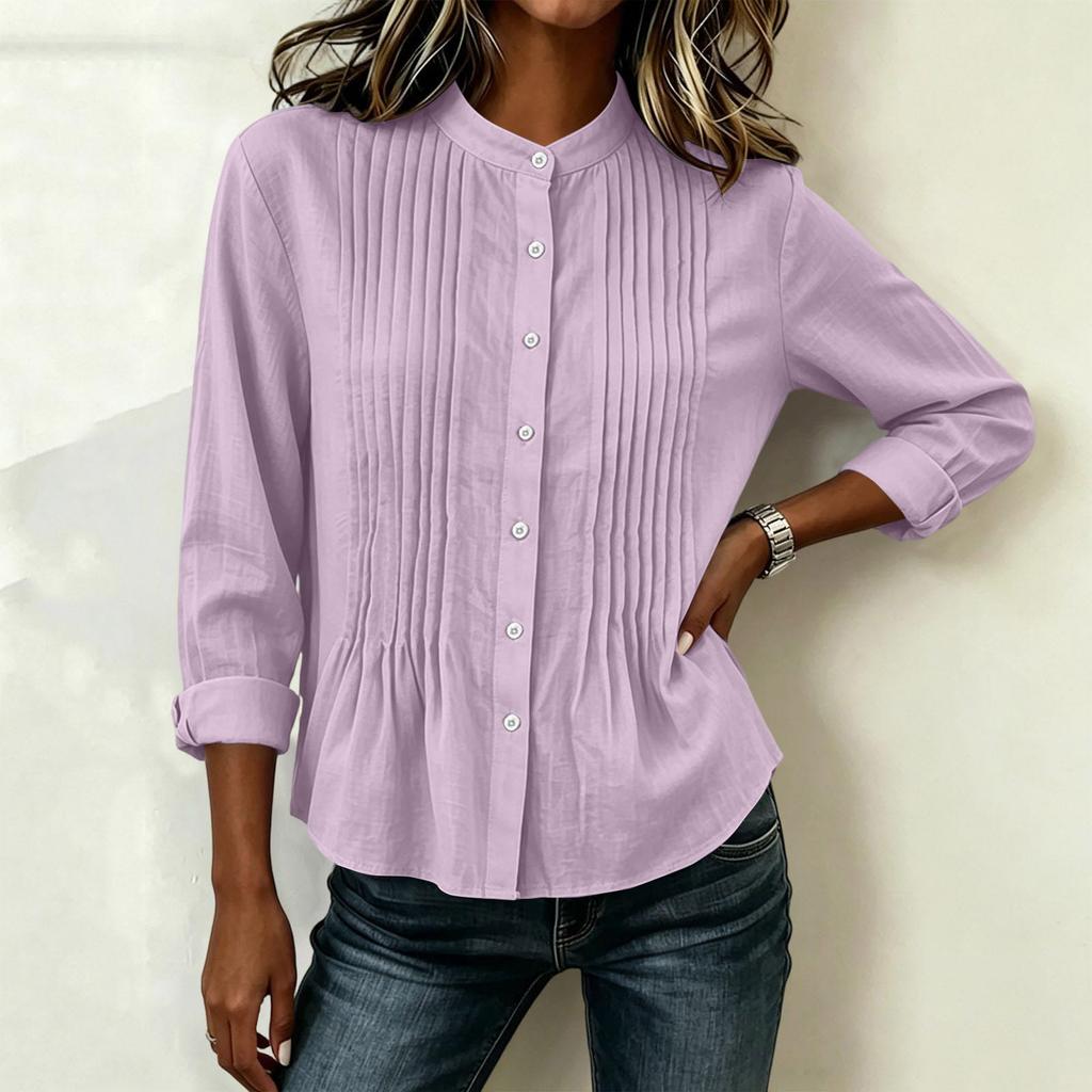 Women's Casual Long Sleeve Pleated Button Down Blouse
