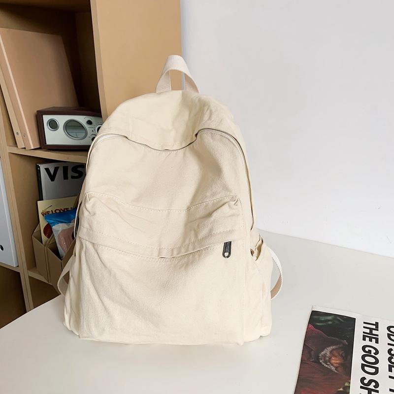 School Bag Vintage Style Washed Canvas Backpack for Women, for Junior High, High School, and College Students, Simple Solid Color Backpack