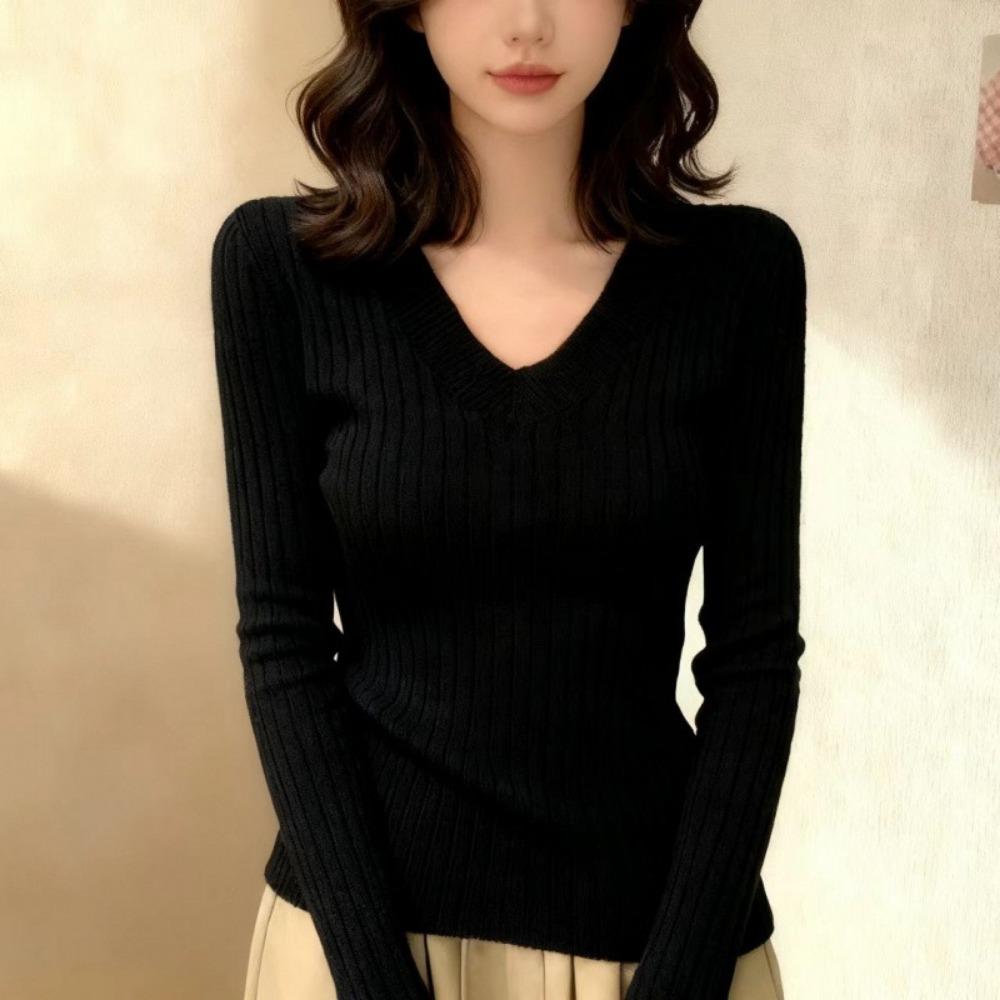 

Жіночий светр з V-подібним вирізом та довгими рукавами на осінь та зиму в корейському стилі, приталений, для внутрішнього шару. onesize чорний