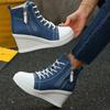 Fashion Women's Platform Wedge Heel High Top Sneakers Blue Denim Casual Canvas Shoes Woman Fashion Thick Sole Lace Up Vulcanized Shoes