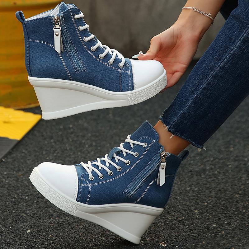 Fashion Women's Platform Wedge Heel High Top Sneakers Blue Denim Casual Canvas Shoes Woman Fashion Thick Sole Lace Up Vulcanized Shoes