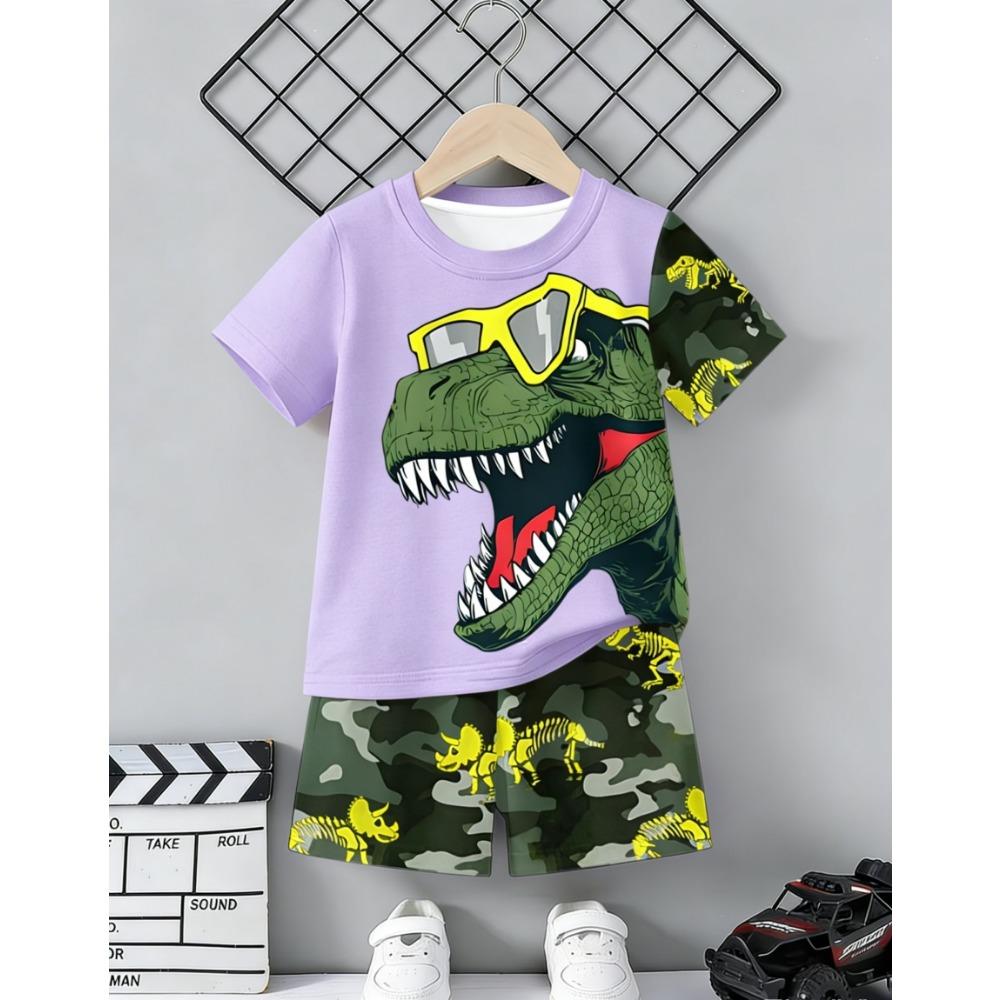 Set Maglia a Maniche Corte Stampata 3D con Dinosauro e Macchina e Pantaloncini Sportivi, Set Maglia Sportiva Casual Estiva