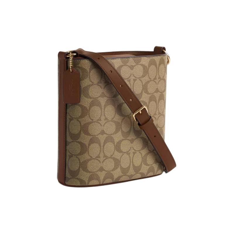 COACH Sophie 21 magnetic snap adjustable shoulder strap canvas and leather bucket bag crossbody shoulder bag small size women's gold and khaki