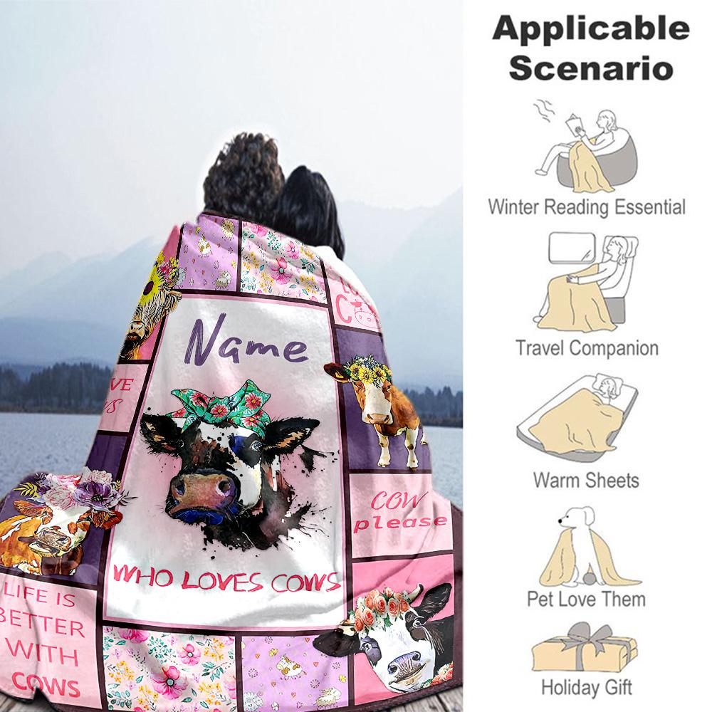 Pink Cow Customize Your Name Blanket Multi-purpose Personalized Blanket Comfortable Versatile for Livingroom Picnics Office Chair Couch