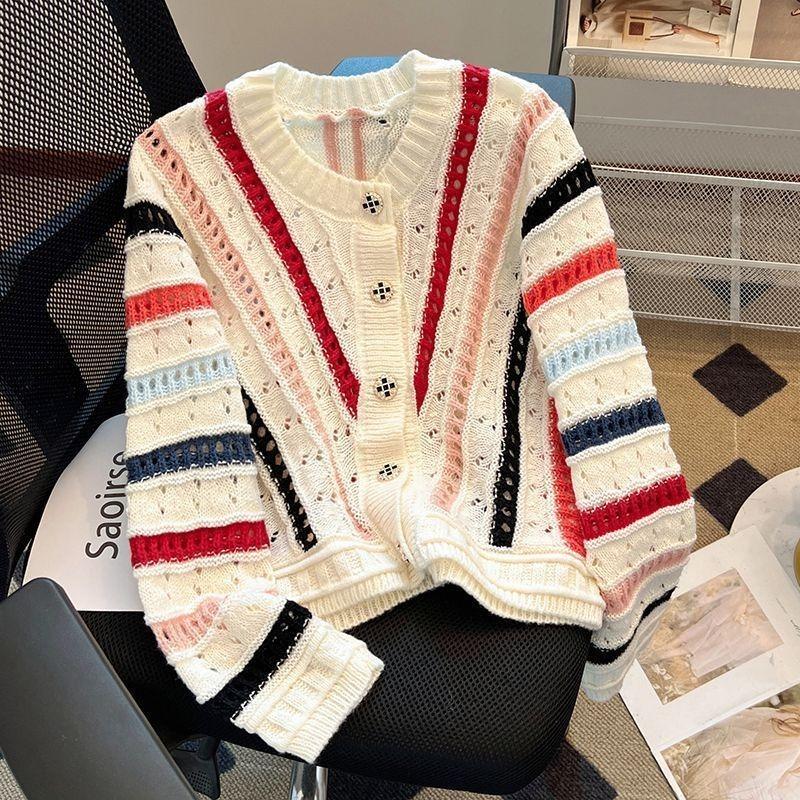 

Красочный полосатый женский свитер с круглым вырезом и длинными рукавами, кардиган на пуговицах, повседневный модный женский тонкий верхний слой XL