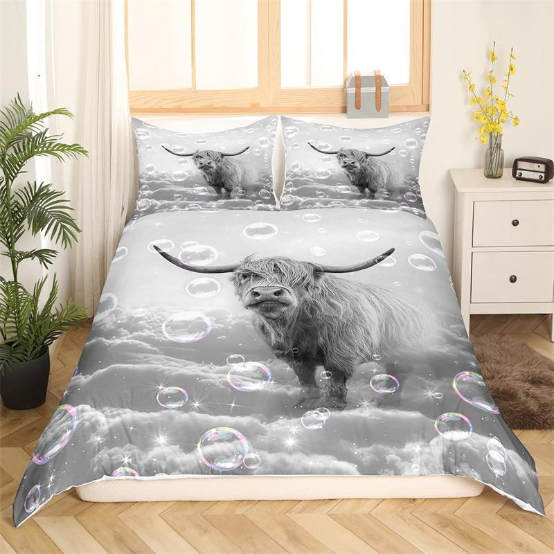 Highland Cow Duvet Cover Western Farm Animal Bedding Set Full King For Boys Girls Microfiber Floral Bull Cattle Comforter Cover