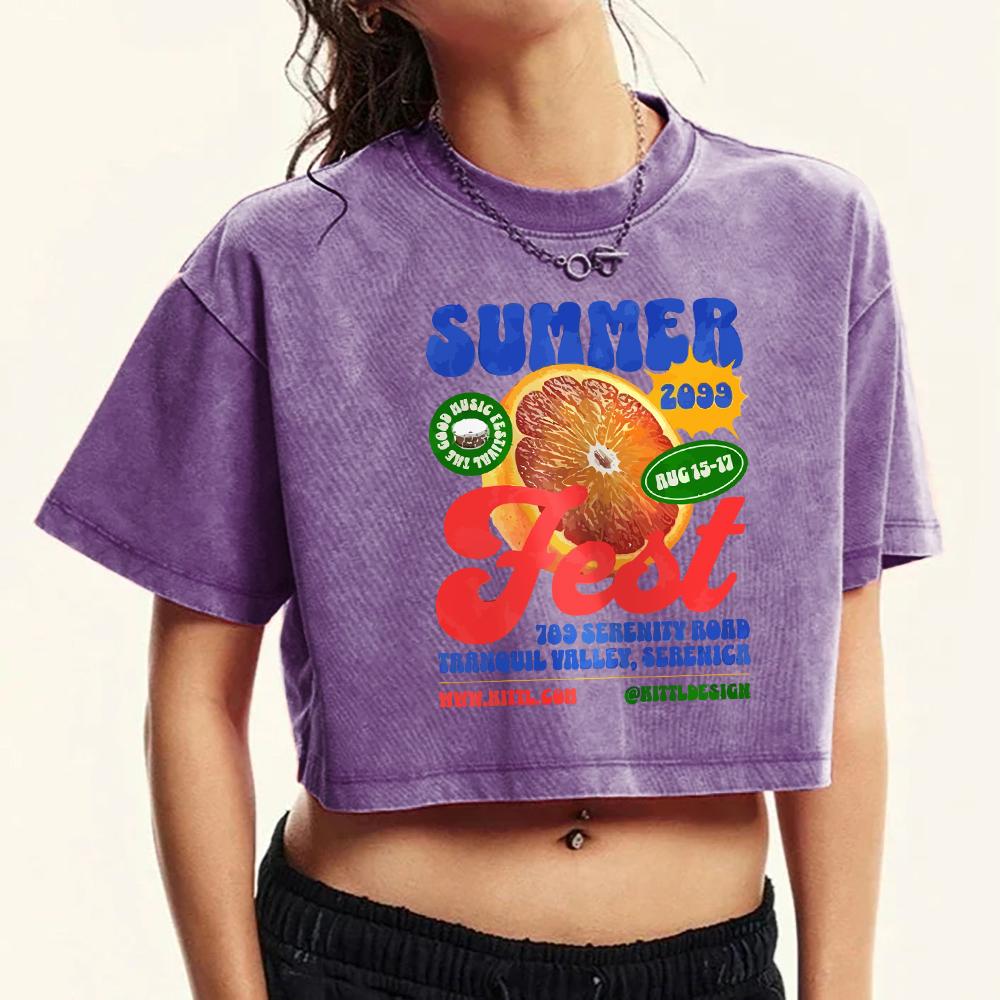 

Summer Orange Drinking Prints Womens Washed Tee Shirt Fitness Soft Crop Top Sport Cotton T-Shirt XL