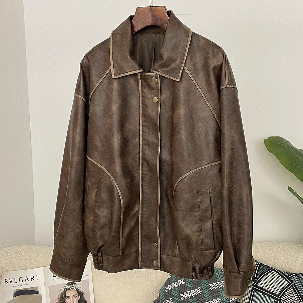 OFTBUY Women Vintage Loose Pu Faux Leather Short Jacket Pockets Motorcycle Jacket Female Zipper Retro Moto Biker Coat Outwear Tops