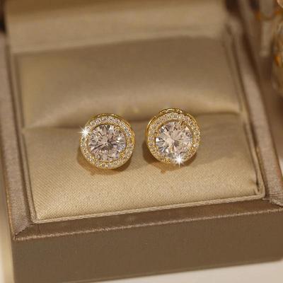 Classic Round White Zircon Stud Earrings Silver Color Bride Wedding Engagement Jewelry Gifts