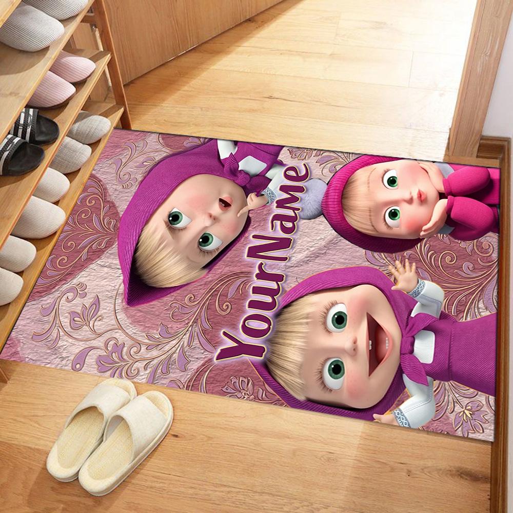 Masha Bear Customizable Name Floor Mat Design for Hallway Playrooms Entryway Outdoor Anti-slip Rug Anime Office Decor Best for Christmas