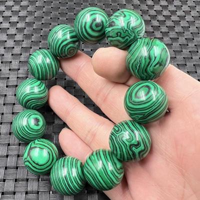 Bracciale Unisex Grande Verde Pavone Scuro Giada Imitazione Malachite, Perline Rotonde da 20mm