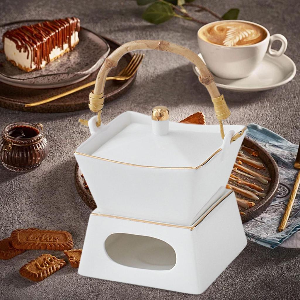 Ceramic Butter Warmer Set Porcelain Melting Pot and Lid Fondue Chocolate for