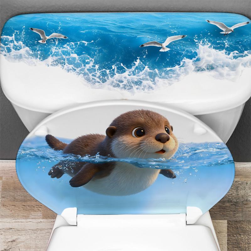 Cute Cartoon Penguins Toilet Stickers, Waterproof Ocean Wave Toilet Seat Decals, Removable Bathroom Decor For Kids Bathroom Home