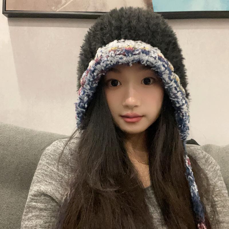 Woolen Hat Autumn and Winter Long Strap Plush Hat Ear Protection Lei Feng Hat Cold Protection and Warmth Baotou Knitted Hat for Women