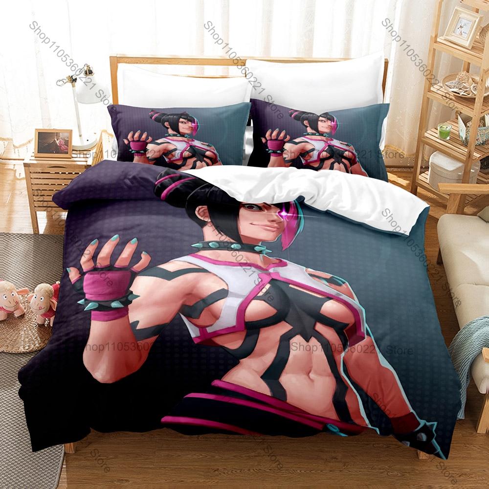 Cool Juri Han Purple Spider Outfit Twin Bun Pink Eyepatch Duvet Cover + 2 Pillowcases Capcom Fighting Game Bed Linen