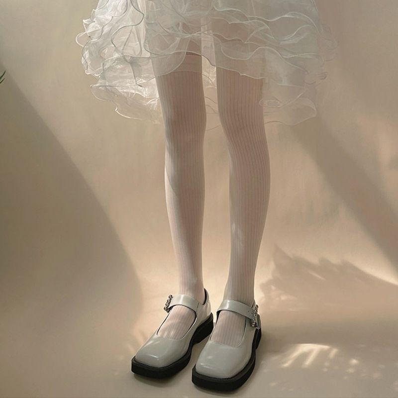 Japanese - Style Striped Stockings Vertical - Striped Fake Over - The - Knee Stockings Vertical - Striped Spliced Pantyhose Black - Silk Pantyhose