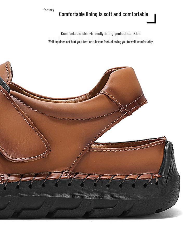 Men's Hand-Stitched Cowhide Leather Sandals with Soft Sole, Large Size Beach Shoes