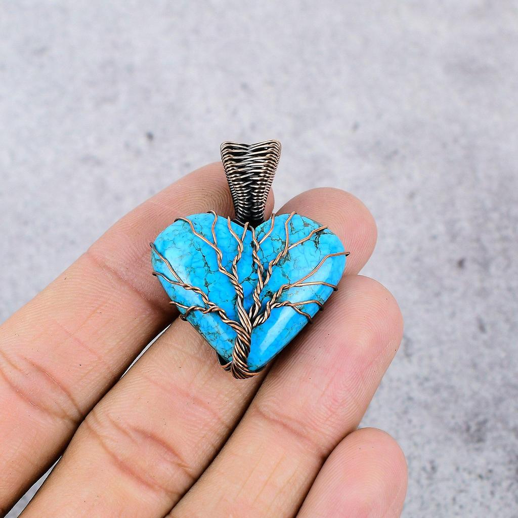 Tree Of Life Tibetan Turquoise Pendant, 999 Copper Wire Wrapped Gemstone Jewelry, Handmade Pendant, For Thanksgiving
